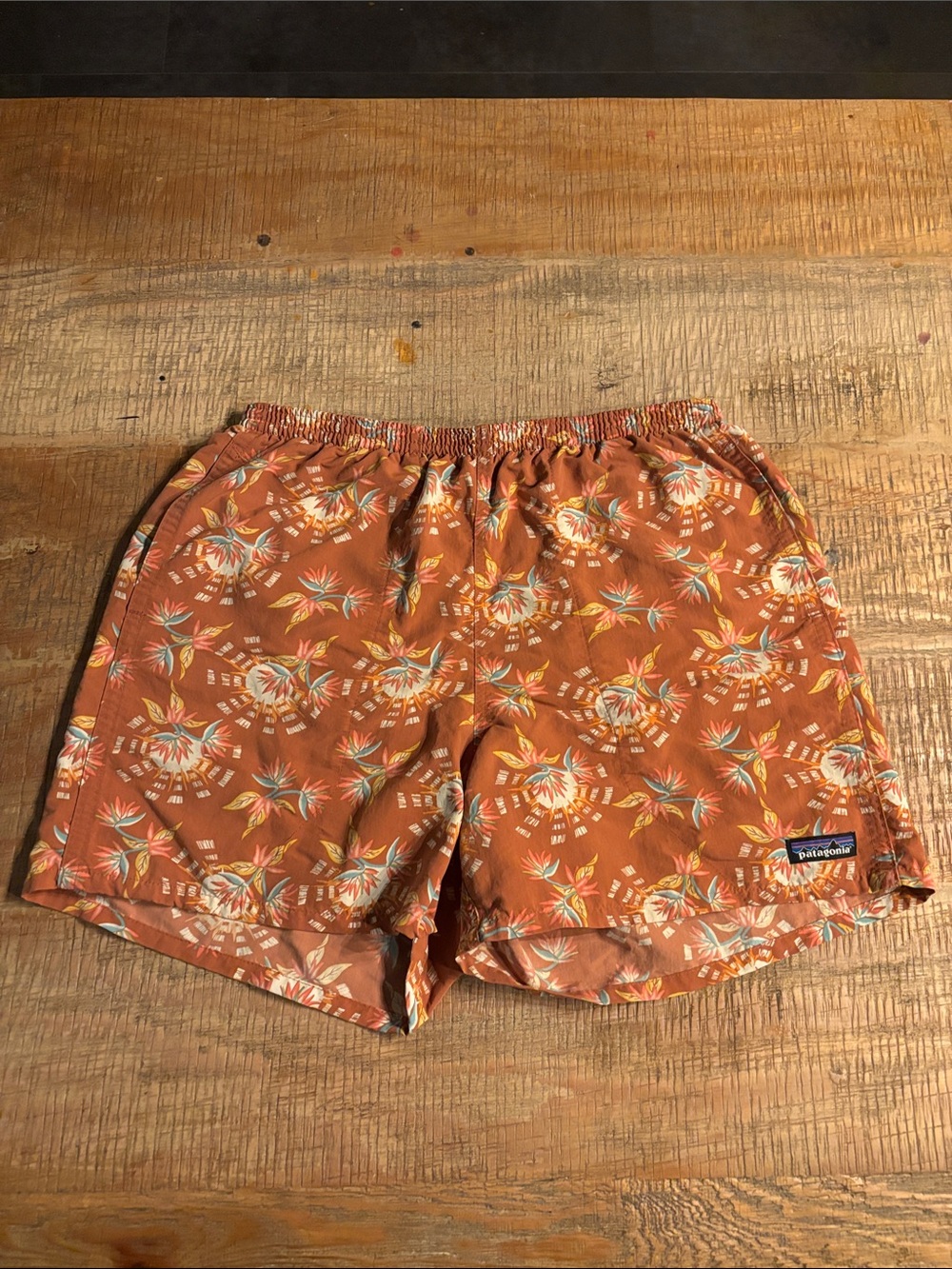 Patagonia Rust Orange Tropical Print Swim Trunks